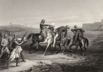 Pułkownik John Platt zabity przez buntowników w Mhow, 1 lipca 1857, z „Historii buntu indyjskiego”, opublikowanej w 1858