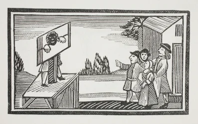 Skazany na stanie przez godzinę lub dłużej pod pręgierzem, ilustracja z książki Rozdział XVIII wieku autorstwa Johna Ashtona, wyd. 1882