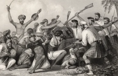 Konflikt z Ghazees przed Bareilly 6 maja 1858 r., z „Historii buntu indyjskiego”, opublikowanej w 1858 r.