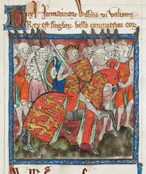 Cott Claud D II f.33 Wilhelm Zdobywca jadący ze swoimi żołnierzami, „Księga praw starożytnych królów” (welum)