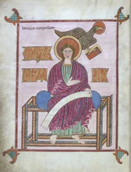 Cott Nero DIV f.209v St. John ze swoim symbolem, z Ewangelii Lindisfarne, 710-721 (welum)
