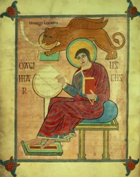 Cott Nero DIV f.93v Św. Marek siedzący ze swoim symbolem, z Ewangelii Lindisfarne, 710-721 (welum)