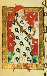 Cott Nero D VII f.105v Nigel Lorning, Rycerz Podwiązki, z Księgi Dobroczyńców opactwa św. Albana, ok. 1380 (welum)