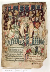 Cott Vitt A XIII f.3v William zabija Harolda w bitwie pod Hastings, z „Dekretów królów anglosaskiej i normańskiej Anglii” (welum)