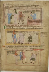 Cotton Claudius B IV fol.10 Lamech i jego dwie żony oraz jego syn Tubalcain, kowal, przy pracy (wellum)