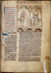 Cotton Claudius B. VII, f.224 Chłopiec Merlin prorokujący przed królem Vortigernem, ilustracja z „Proroctwa Merlina”, autorstwa Geoffreya z Monmouth, c.1250 (welum)