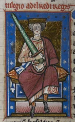 Cotton Claudius B.VI, f.87v Ethelred Niegotowy z mieczem, z „Kroniki Abingdon”, c.1220 (welum)