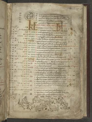 Cotton Julius A. VI, f.5, Strona kalendarza na maj: Pasterze i stado (welum)