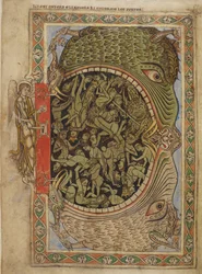 Bawełna Nero C IV f.39 Szczęki piekielne przymocowane przez anioła, z psałterza Henryka z Blois, c.1121-61 (welum)