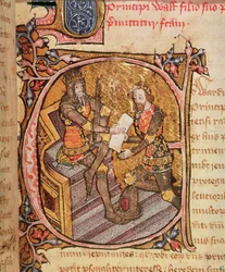 Cotton Nero D VI fol.31 Edward III nadaje Czarnemu Księciu księstwo Akwitanii