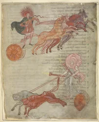 Cotton Tiberius B.V, część 1, f.47 Rydwany Słońca i Księżyca, ilustracja z „Aratusa Cycerona”, Winchester (welum)