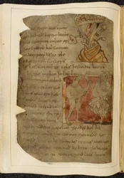 Cotton Vitellius A. XV f.103v, Drzewo, z którego wyrasta balsam; donestre, człowiek z głową bestii, po lewej trzymający ludzką nogę i stopę, a po prawej osoba, ilustracja z Beowulfa, z „Kodeksu Nowell” (tusz na pergaminie)