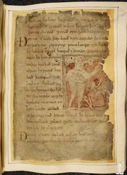 Bawełna Vitellius A. XV f.104r, A panotii, czyli człowiek z uszami wystającymi na łodygi, trzymający przedmiot przypominający łuk, ilustracja z Beowulfa, z „Kodeksu Newella” (tusz na pergaminie)