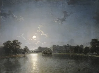Wiejski dom po drugiej stronie jeziora przy Moonlight, ok. 1850 (olej na płótnie)