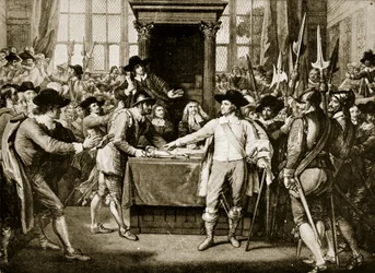 Cromwell rozwiązujący Długi Parlament, 1653, ilustracja z Hutchinsons Story of the British Nation, c.1923