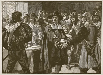 Cromwell rozpuszcza Długi Parlament, ilustracja z Cassells Illustrated History of England (zdjęcie w sepii)