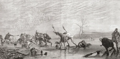 Curling w XIX w., z „Obrazków szkockich rysowanych piórem i ołówkiem” Samuela G. Greena, wydana w 1886 r. (lito)