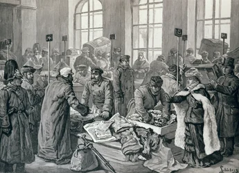 Funkcjonariusze urzędu celnego badający bagaże pasażerów z Niemiec, w Wirballen, na rosyjskiej granicy, z „The Illustrated London News”, 29 stycznia 1887