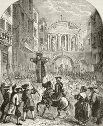 Daniel Defoe pod pręgierzem przy Temple Bar, z „Narodowej i domowej historii Anglii” Williama Hickmana Smitha Aubreya (1858-1916), wydanej w Londynie, ok. 1890
