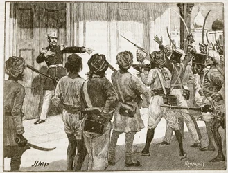 De Kantzow broniący skarbca w My Pooree, ilustracja z Ilustrowanej Historii Anglii Cassella (zdjęcie w sepii)