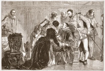 Śmierć Wilhelma Cichego, księcia Orańskiego, ilustracja z „Historii protestantyzmu” Jamesa Aitkena Wylie (1808-1890), wyd. 1878 (grawerowanie)