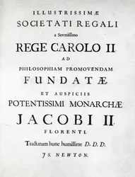 Dedykacja dla Królewskiego Towarzystwa Pierwszej edycji Newtons Philosophiae Naturalis Principia Mathematica, 1687