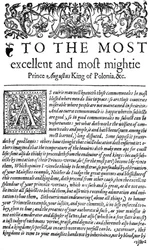 Dedykacja dla króla Polski Zygmunta II Augusta w Radcy, pierwszym angielskim tłumaczeniu Wawrzyńca Grzymała Goślickiego De optimo senatore, 1598 (druk)