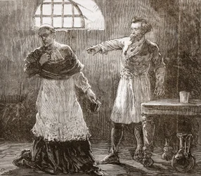 Denis upomina biskupa Meaux, ilustracja z Historii protestantyzmu Jamesa Aitkena Wylie (1808-1890), wyd. 1878