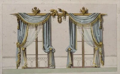 Projekt na zasłony okienne, płyta 64 z Repozytorium Sztuki Ackermanna, publikacja 1814 (kolor lito)