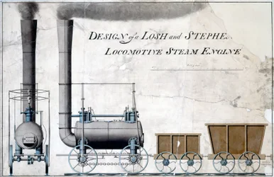Projekt lokomotywy parowej Losh and Stephenson, ok. 1826 (pióro i tusz oraz pranie na papierze)