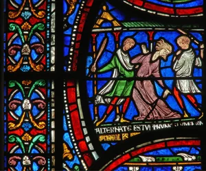 Fragment cudownego okna przedstawiający historię Szalonej Matyldy z Kolonii