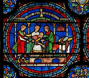Fragment cudownego okna przedstawiający Roberta z Cricklade przy grobowcu