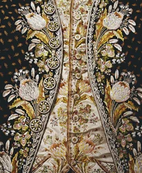 Szczegół pełnego garnituru dżentelmena, składającego się z płaszcza, kamizelki i bryczesów, lata 1780-90