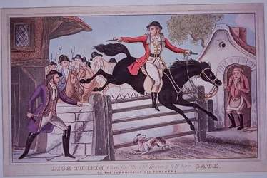 Dick Turpin skaczący przez bramkę Hornsey na koniu Black Bess (kolorowy grawerunek)