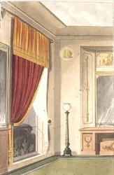 Zasłona i kredens do jadalni, tablica 86 z Repozytorium Sztuki Ackermanna, wydana w latach 1809-28 (kolor litho)
