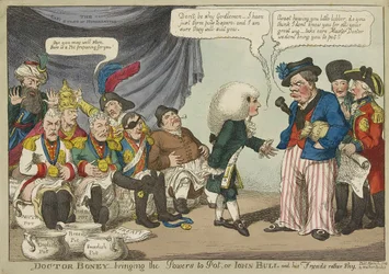Doctor Boney_przynosząc moce do Pot lub John Bull i jego przyjaciele raczej nieśmiały, pub. 1808 (ręczne grawerowanie kolorowe)