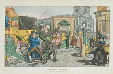 Doctor Syntax okradziony w St. Giless, z The Tour of Doctor Syntax przez Londyn, czy Pleasures and Miseries of the Metropolis. Poemat, opublikowany 1820 (akwatinta)