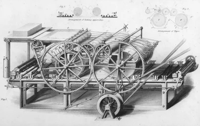 Dwucylindrowa maszyna drukarska z Cyclopaedia of Useful Arts & Manufactures, pod redakcją Charlesa Tomlinsona, ok. 1880 r.