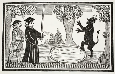 Dr Faust wskrzesza diabła, ilustracja z książki rozdziałów XVIII wieku autorstwa Johna Ashtona, wyd. 1882