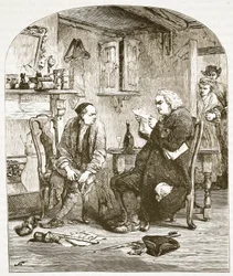 Dr Johnson czyta rękopis wikariusza Wakefielda, ilustracja z Cassells Illustrated History of England (zdjęcie w sepii)
