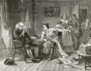 Dr Samuel Johnson czyta rękopis „Wikariusza Wakefielda” z „London Pictures: Drawn with Pen and Pencil” autorstwa wielebnego Richarda Lovetta, opublikowany w 1890 r. (litografia)