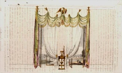 Zasłona okienna do salonu i stół roboczy, tablica 104 z Repozytorium Sztuki Ackermanna, wydana w latach 1809-28 (kolor lito)