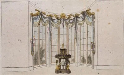 Zasłona okienna i żardiniera do salonu, tablica 101 z Repozytorium Sztuki Ackermanna, wydana w latach 1809-28 (kolor lito)