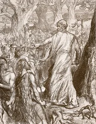 Druidzi podżegający Brytyjczyków do sprzeciwu wobec lądowania Rzymian, ilustracja z Cassells Illustrated History of England (zdjęcie w sepii)
