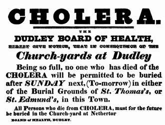 Plakat Dudley Board of Health ogłaszający procedurę pochówku osób, które zmarły na cholerę, ok. 1840 roku