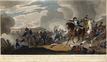ANGLIA ZWYCIĘSTWO. Napoleon usiłujący zebrać gwardię cesarską w bitwie pod Waterloo, ok. 1930 r. 1815 (grawerowanie)