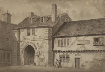 Widok od wschodu na bramę do opactwa św. Zbawiciela, Bermondsey, ok. 1825 (pióro, ołówek i pranie na papierze)