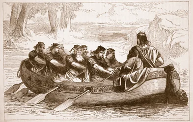 Edgar Pacyfik spławiany w dół rzeki Dee przez ośmiu książąt dopływowych, ilustracja z Cassells Illustrated History of England (zdjęcie w sepii)