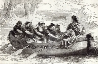 Edgar Pacyfik spławiany w dół rzeki Dee przez ośmiu książąt dopływowych, ilustracja z „Ilustrowanej historii Anglii Cassella”