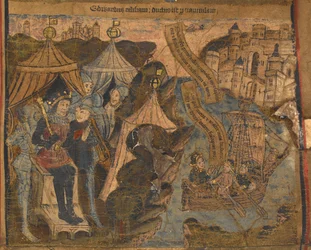 Edward York wraz z hrabiami Salisbury i Warwick po bitwie pod Ludford Bridge popłynął do Calais. Król Henryk VI patrzy triumfalnie, ilustracja z „Życie typologiczne i genealogia Edwarda IV”, c.1460-70 (welum)
